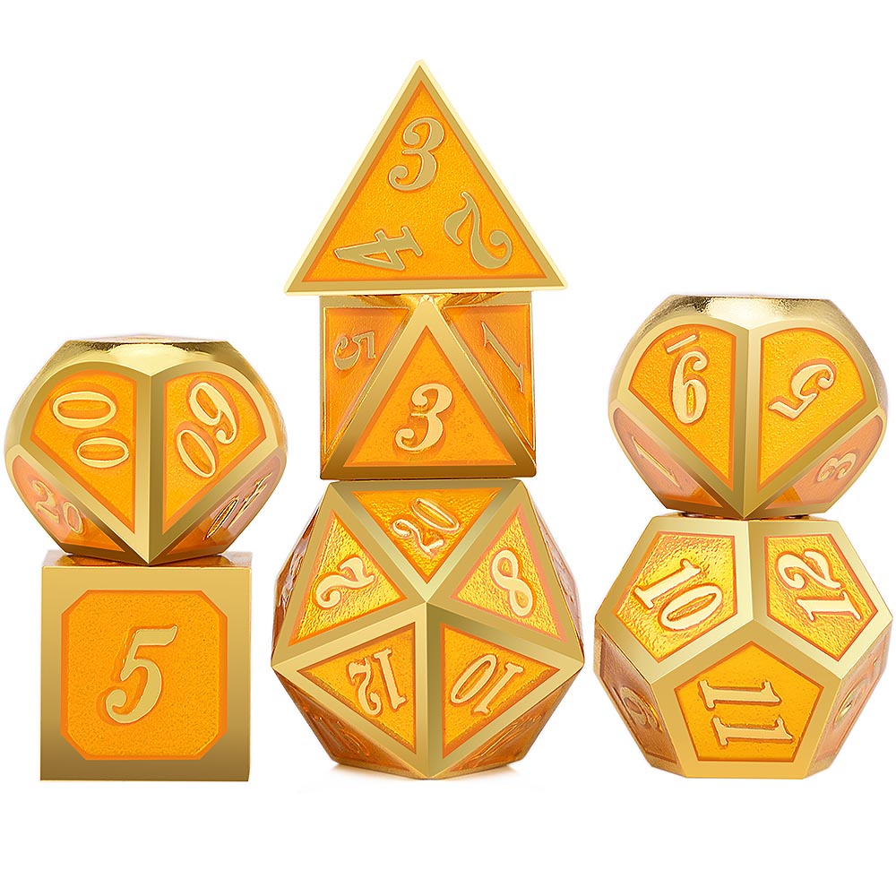 Set of gold and orange polyhedral dice on a white background